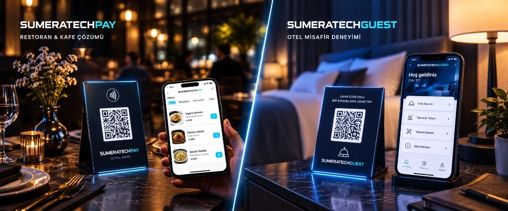 Sumeratech Pay restoran QR menü sahnesi ve Sumeratech Guest otel misafir deneyimi